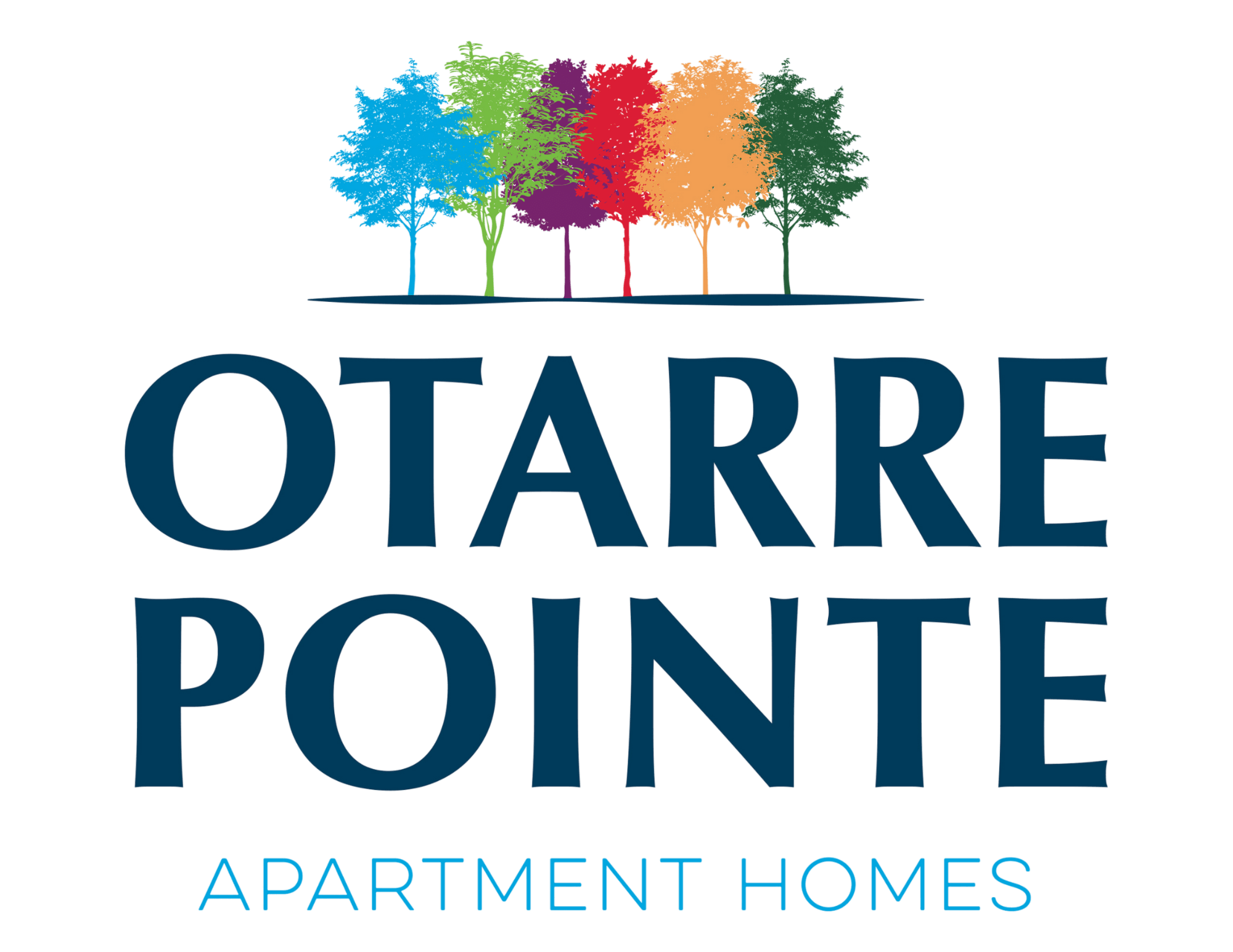 A logo for OTARRE POINTE Apartment Homes featuring five stylized trees in different colors.